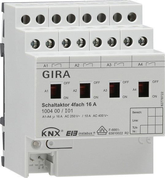 Actuador de conmutación de 4 elementos, 16 A con accionamiento manual para KNX Gira – ref. 100400