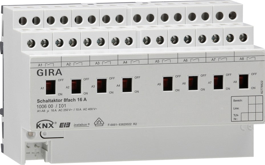 Actuador de conmutación de 8 elementos, 16 A con accionamiento manual para KNX Gira – ref. 100600