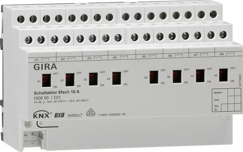 Actuador de conmutación de 8 elementos, 16 A con accionamiento manual para KNX Gira – ref. 100600