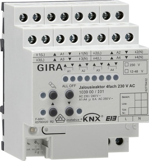 Actuador de persianas de 4 elementos y 230 V CA / 12 - 48 V CC con accionamiento manual para KNX Gira – ref. 103900