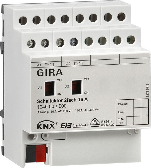 Actuador de conmutación de 2 elementos, 16 A con accionamiento manual para KNX Gira – ref. 104000