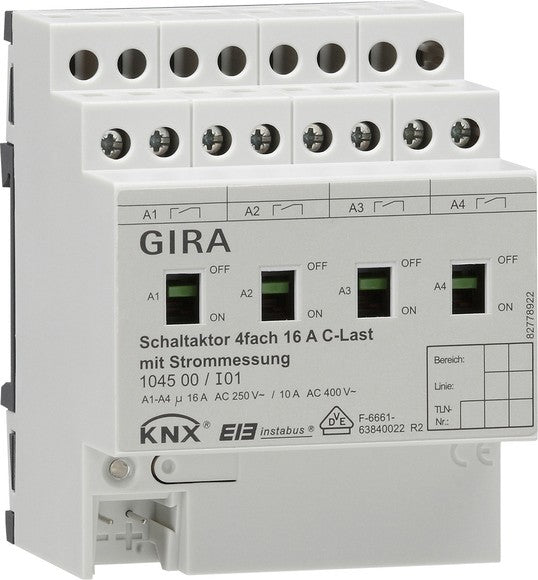 Actuador de conmutación de 4 elementos, 16 A con accionamiento manual y medición de corriente para cargas C, para KNX Gira – ref. 104500