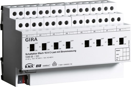 Actuador de conmutación de 8 elementos, 16 A con accionamiento manual y medición de corriente para cargas C, para KNX Gira – ref. 104600