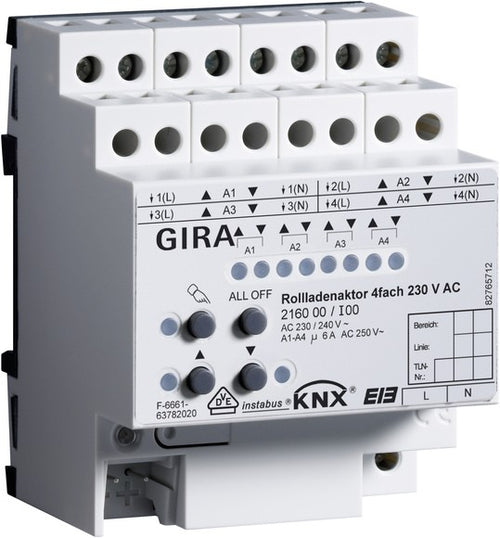 Actuador de persianas enrollables de 4 elementos de 230 V CA con accionamiento manual para KNX Gira – ref. 216000