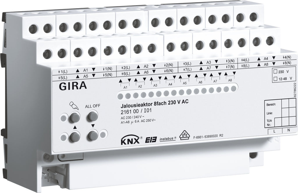 Actuador de persianas de 8 elementos y 230 V CA / 12 - 48 V CC con accionamiento manual para KNX Gira – ref. 216100