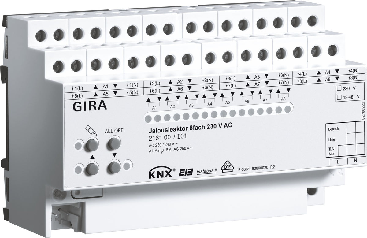 Actuador de persianas de 8 elementos y 230 V CA / 12 - 48 V CC con accionamiento manual para KNX Gira – ref. 216100
