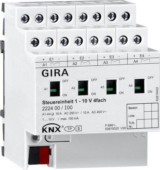 Unidad de control de 4 elementos de 1 – 10 V con accionamiento manual para KNX Gira – ref. 222400