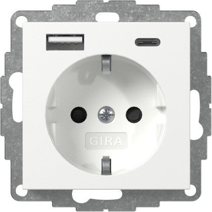 Base de enchufe Schuko con cargador USB A/C Gira E2 blanco brillo – ref. 245903