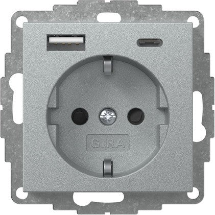 Base de enchufe Schuko con cargador USB A/C Gira E2 aluminio – ref. 245926