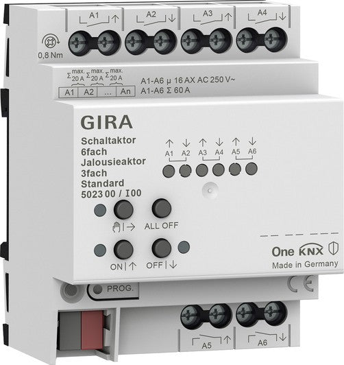 Actuador de conmutación de 6 elementos 16 A / actuador de persianas de 3 elementos 16 A Standard para Gira One y KNX Gira – ref. 502300