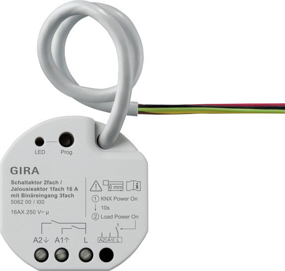 Actuador de conmutación de 2 elementos / actuador de persianas de 1 elemento de 16 A con entrada binaria de 3 elementos para Gira One y KNX Gira – ref. 506200
