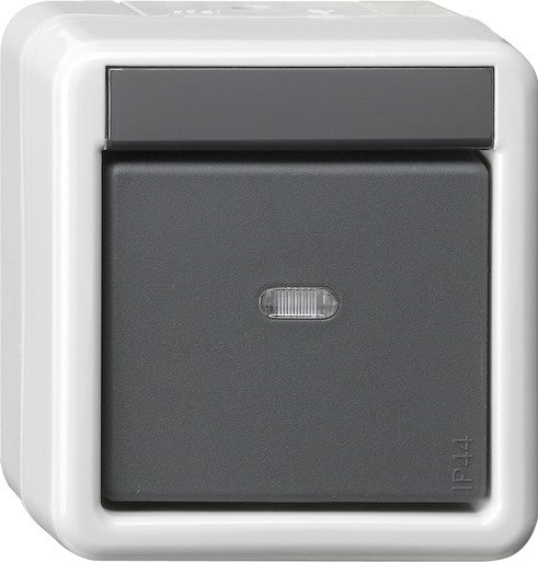 Acoplador de bus de pulsador montaje en superficie protegido del agua, de 1 elemento con visor de control y mando de 2 puntos, para KNX Gira – ref. 515230