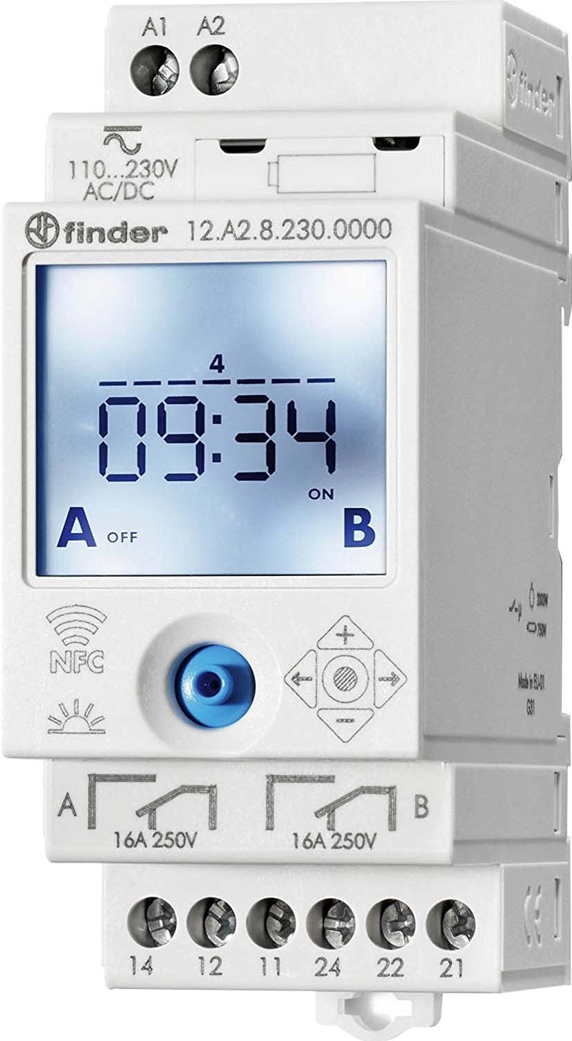 Interruptor horario astronómico Finder 12.A2, 2 contactos 16 A, NFC