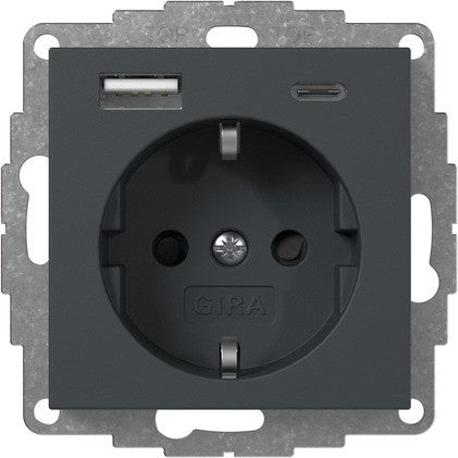 Base de enchufe Schuko con cargador USB A/C Gira E2 blanco mate o antracita
