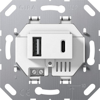 Cargador USB doble tipo A/C Gira E2 blanco brillo – ref. 234900 + 027603