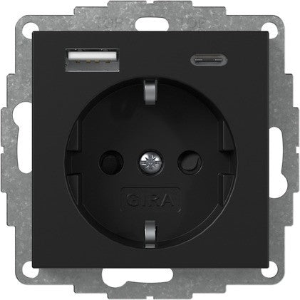 Base de enchufe Schuko con cargador USB A/C Gira E2 negro mate o gris mate