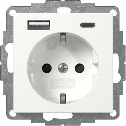 Base de enchufe Schuko con cargador USB A/C Gira E2 blanco mate o antracita