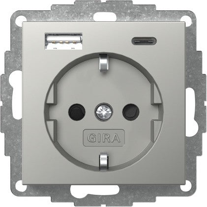 Base de enchufe Schuko con cargador USB A/C Gira E2 acero inoxidable – ref. 2459600