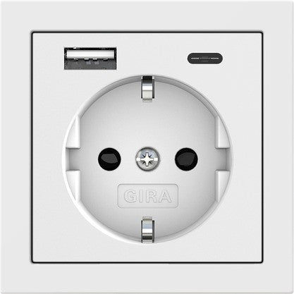 Base de enchufe Schuko con cargador USB A/C Gira F100 blanco brillo – ref. 245970