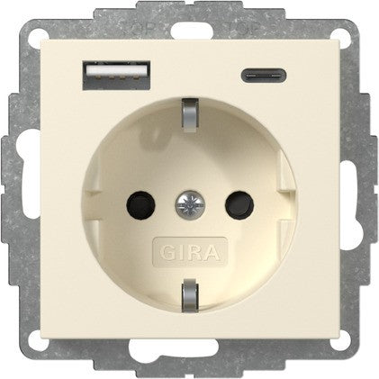 Base de enchufe Schuko con cargador USB A/C Gira Standard 55 blanco brillo, blanco mate o crema