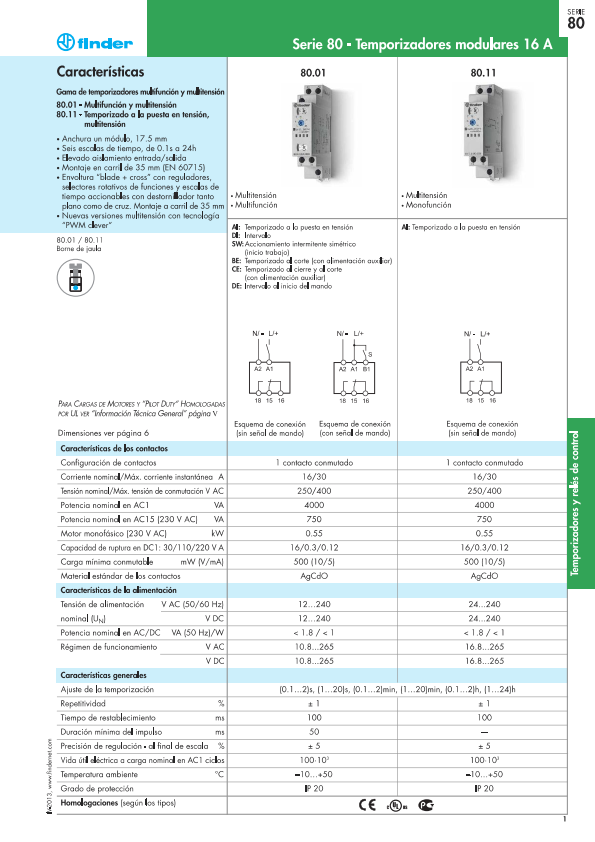 Temporizador modular multifunción Finder 80.01, 12-240 V CA/CC, 16 A