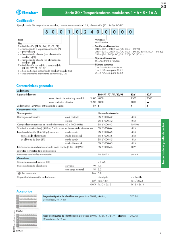 Temporizador modular multifunción Finder 80.01, 12-240 V CA/CC, 16 A