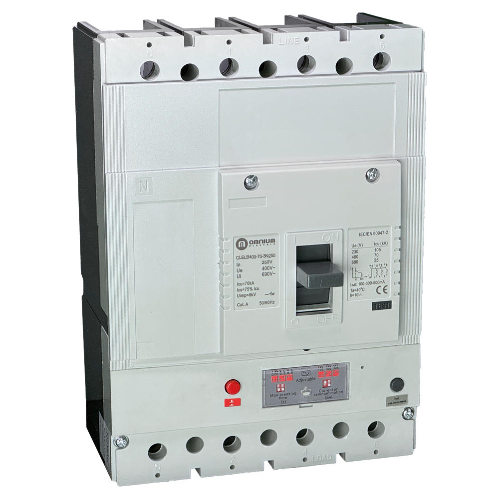 Interruptor de caja moldeada Omnium con fuga a tierra 3P+N 250 A, 70 kA