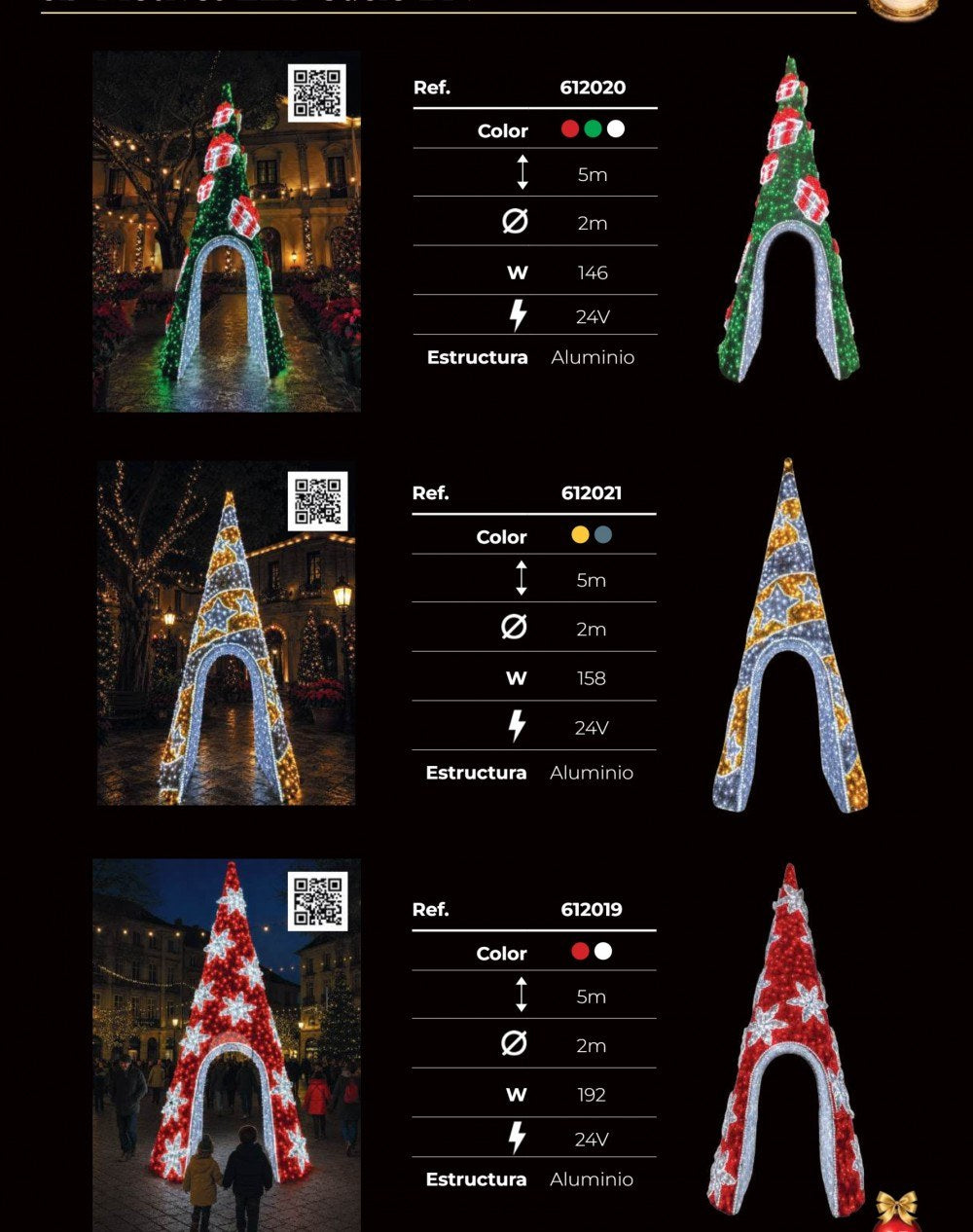 Conos LED de 24 V de 2,50 y 5 m: Papá Noel, copos, bastones y estrellas