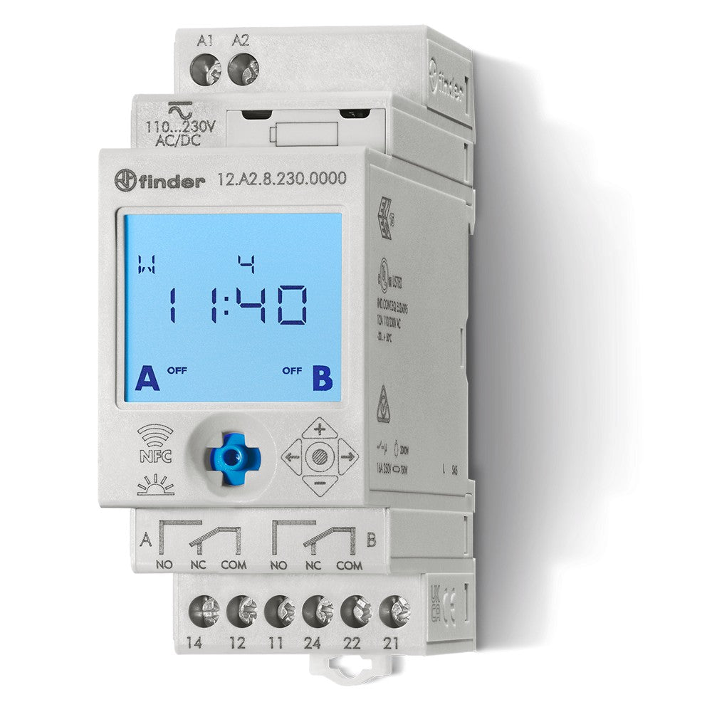 Interruptor horario astronómico Finder 12.A2, 2 contactos 16 A, NFC