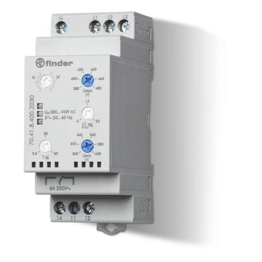 Relé de vigilancia de tensión trifásica Finder 70.41, 380-415 V CA, 6 A