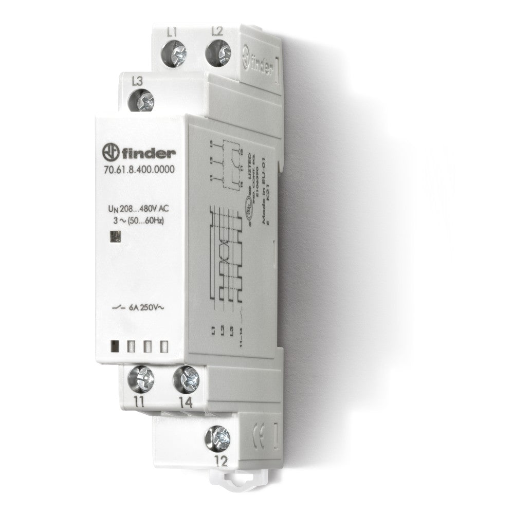 Relé de control de fases Finder 70.61, 208-480 V CA, 1 contacto 6 A