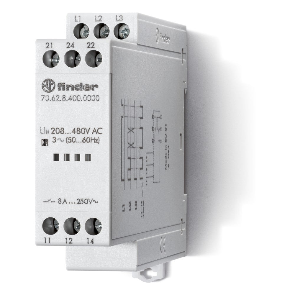 Relé de control de fases Finder 70.62, 208-480 V CA, 2 contactos 8 A