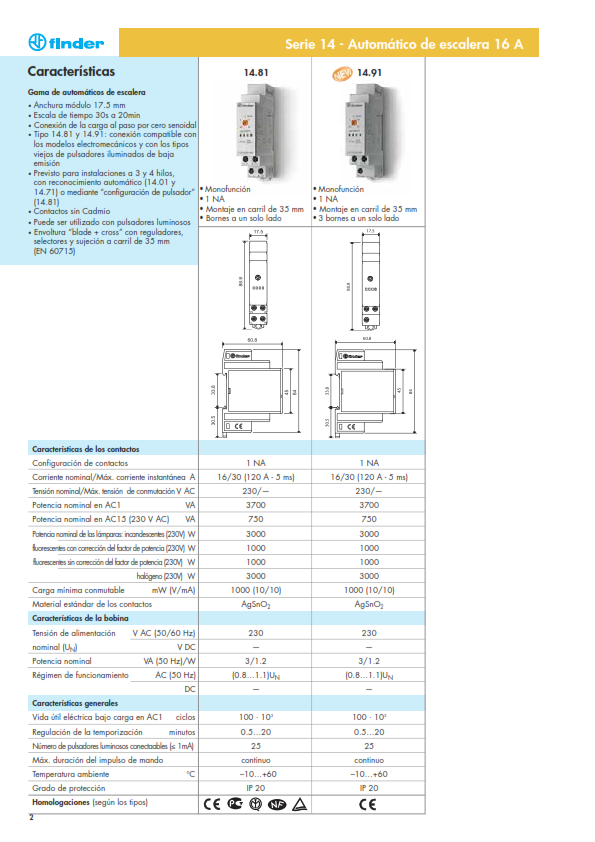 Minutero de escalera Finder 14.71, 3 funciones, 16 A, 230 V CA