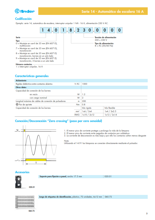 Minutero de escalera Finder 14.71, 3 funciones, 16 A, 230 V CA