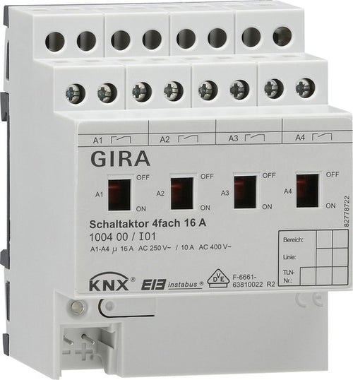 Actuador de conmutación de 4 elementos, 16 A con accionamiento manual para KNX Gira – ref. 100400