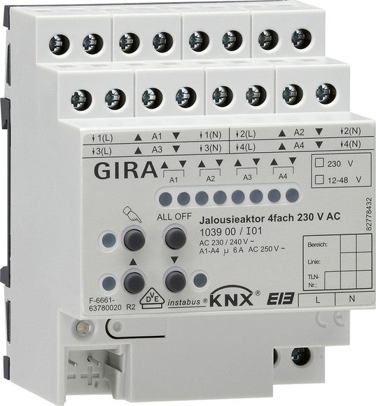 Actuador de persianas de 4 elementos y 230 V CA / 12 - 48 V CC con accionamiento manual para KNX Gira – ref. 103900