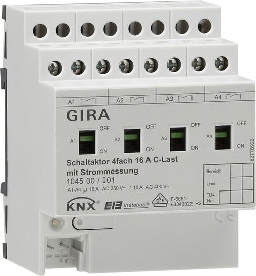 Actuador de conmutación de 4 elementos, 16 A con accionamiento manual y medición de corriente para cargas C, para KNX Gira – ref. 104500