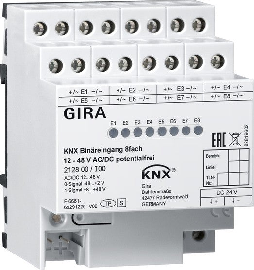 Entrada binaria de 8 elementos 12 - 48 V CA/CC libre de potencial para KNX Gira – ref. 212800