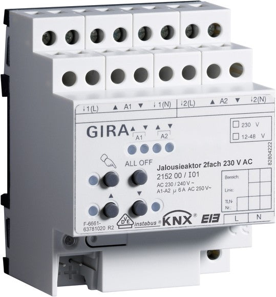Actuador de persianas de 2 elementos 230 V CA con accionamiento manual para KNX Gira – ref. 215200
