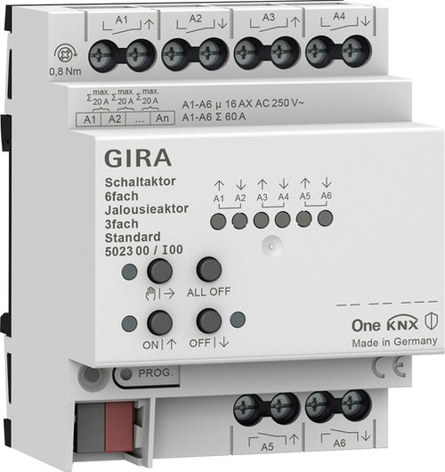 Actuador de conmutación de 6 elementos 16 A / actuador de persianas de 3 elementos 16 A Standard para Gira One y KNX Gira – ref. 502300