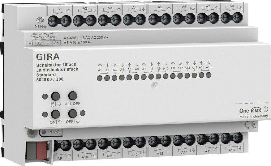 Actuador de conmutación de 16 elementos 16 A / actuador de persianas de 8 elementos 16 A Standard para Gira One y KNX Gira – ref. 502800