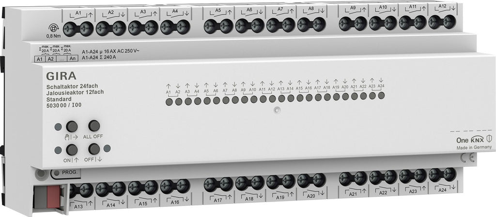 Actuador de conmutación de 24 elementos 16 A / actuador de persianas de 12 elementos 16 A Standard para Gira One y KNX Gira – ref. 503000
