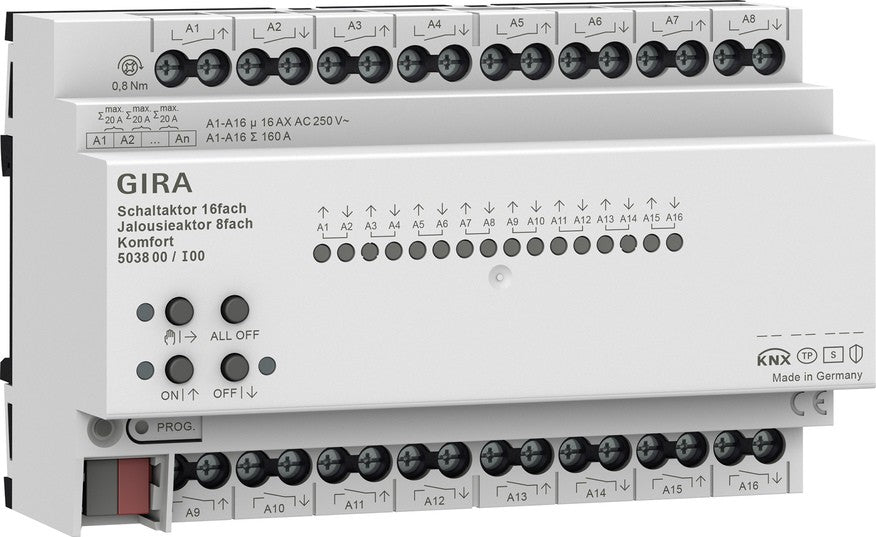Actuador de conmutación de 16 elementos 16 A / actuador de persianas de 8 elementos 16 A Komfort para KNX Gira – ref. 503800