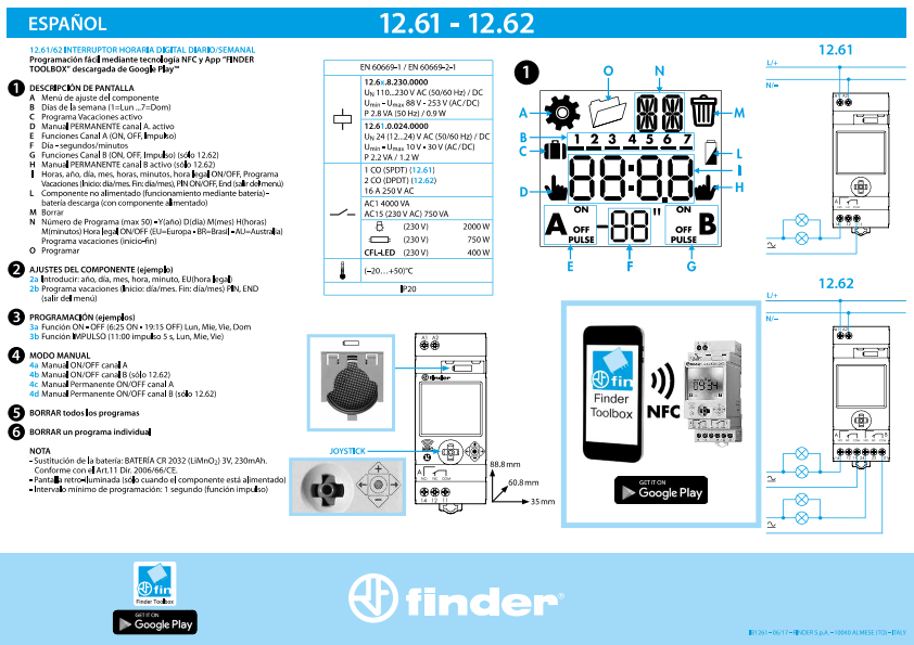 Interruptor horario Finder 12.22, 2 contactos conmutados 16 A, 230 V CA