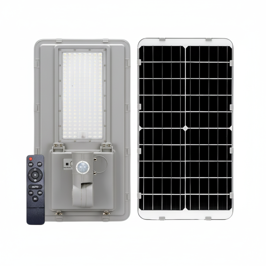 Farola LED Solar Texas 3500 Lm 180W 6000K - Vista trasera con panel solar y mando