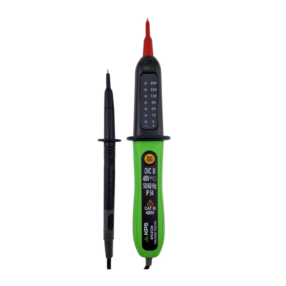 Comprobador de tensión KPS DT220 con prueba RCD, hasta 400 V AC/DC