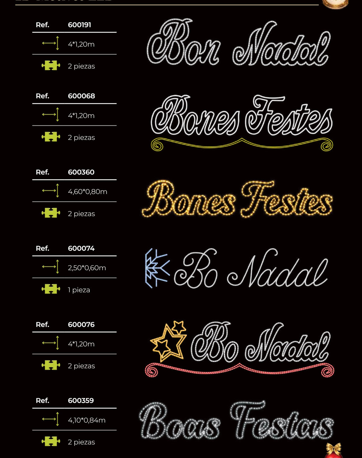Letrero LED Bones Festes, Bon Nadal, Bo Nadal y Boas Festas