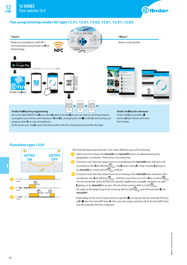 Interruptor horario astronómico Finder 12.A2, 2 contactos 16 A, NFC