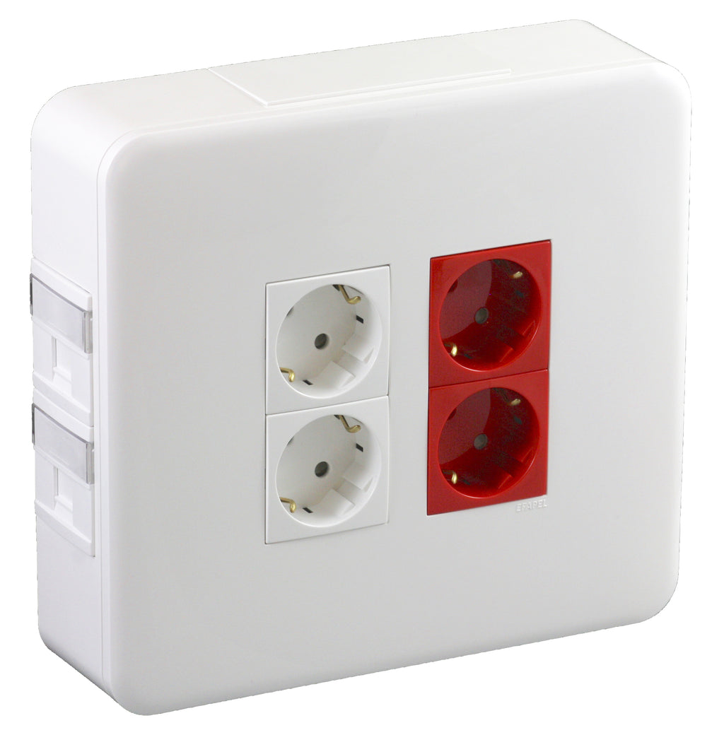 Puesto de trabajo de superficie equipado: 2 RJ45 + 2 schuko rojos + 2 schuko blancos Efapel